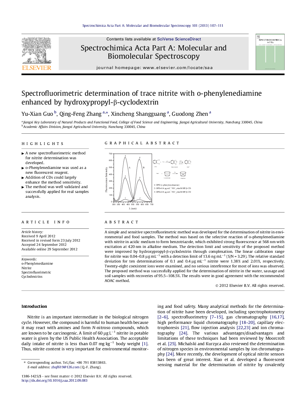 Spectrofluorimetric determination of trace nitrite with o-phenylenediamine enhanced by hydroxypropyl-β-cyclodextrin
