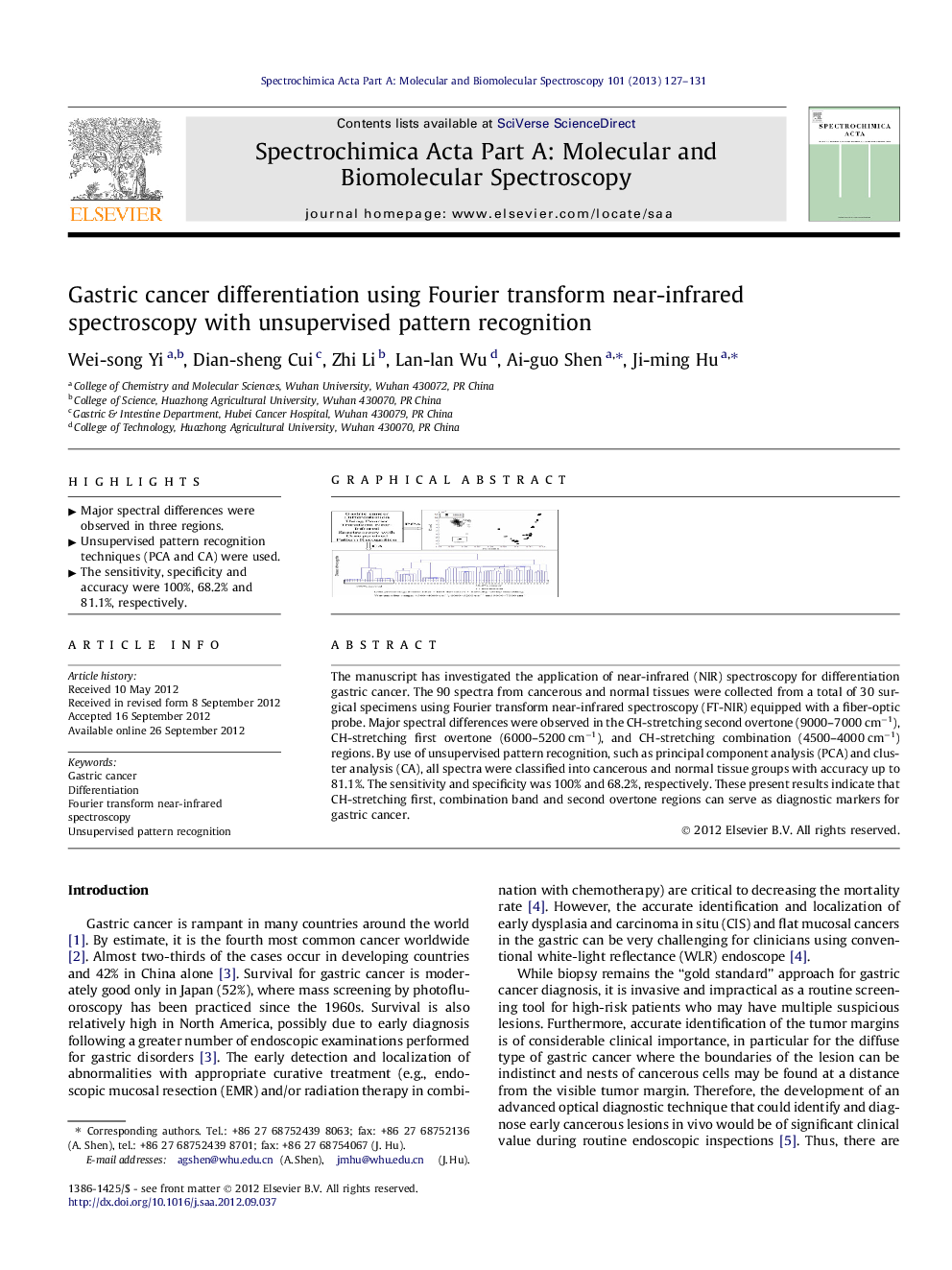 Gastric cancer differentiation using Fourier transform near-infrared spectroscopy with unsupervised pattern recognition