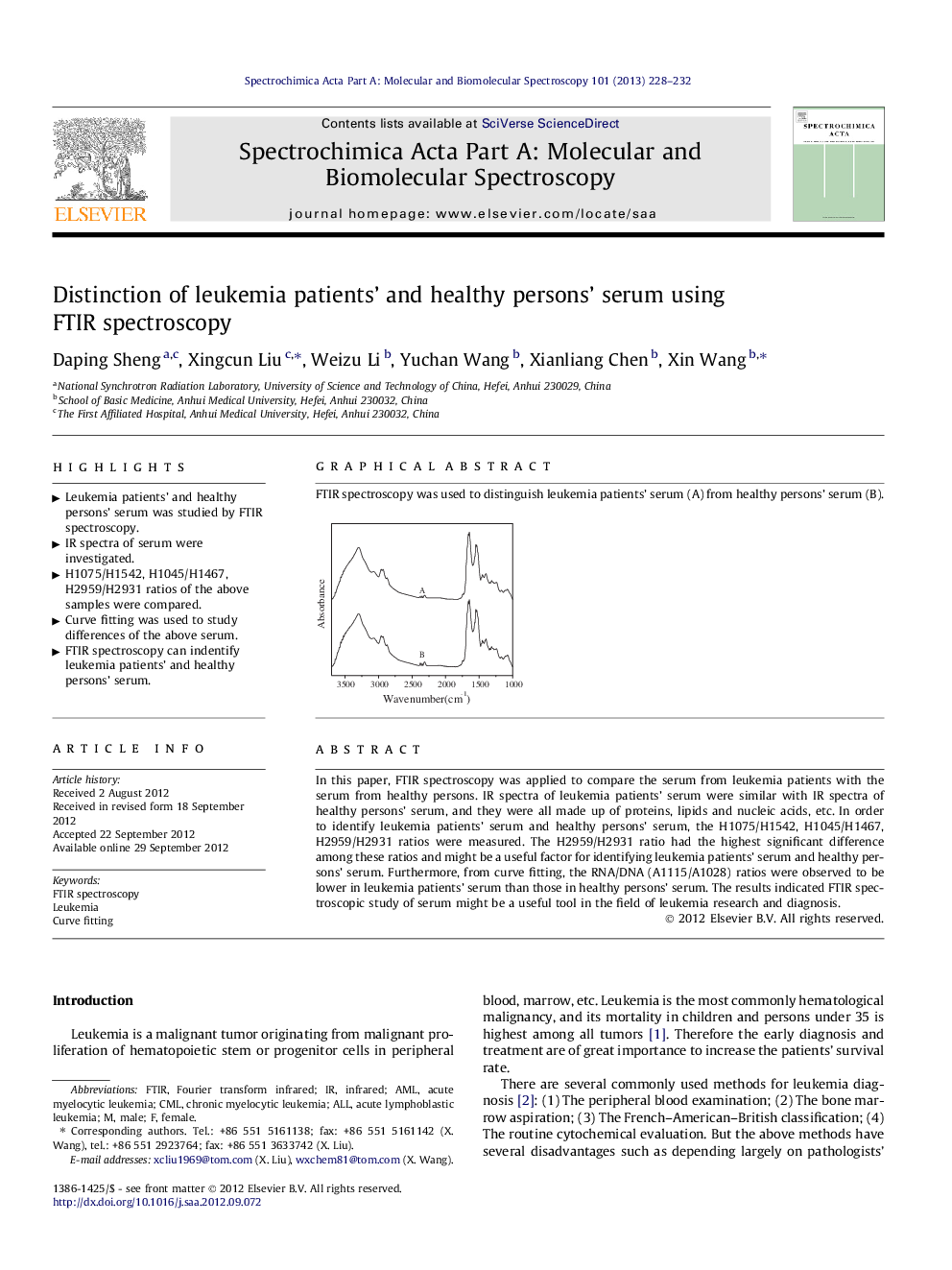 Distinction of leukemia patients’ and healthy persons’ serum using FTIR spectroscopy