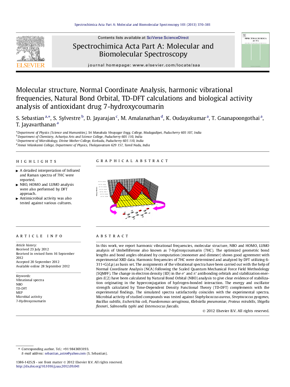 Molecular structure, Normal Coordinate Analysis, harmonic vibrational frequencies, Natural Bond Orbital, TD-DFT calculations and biological activity analysis of antioxidant drug 7-hydroxycoumarin