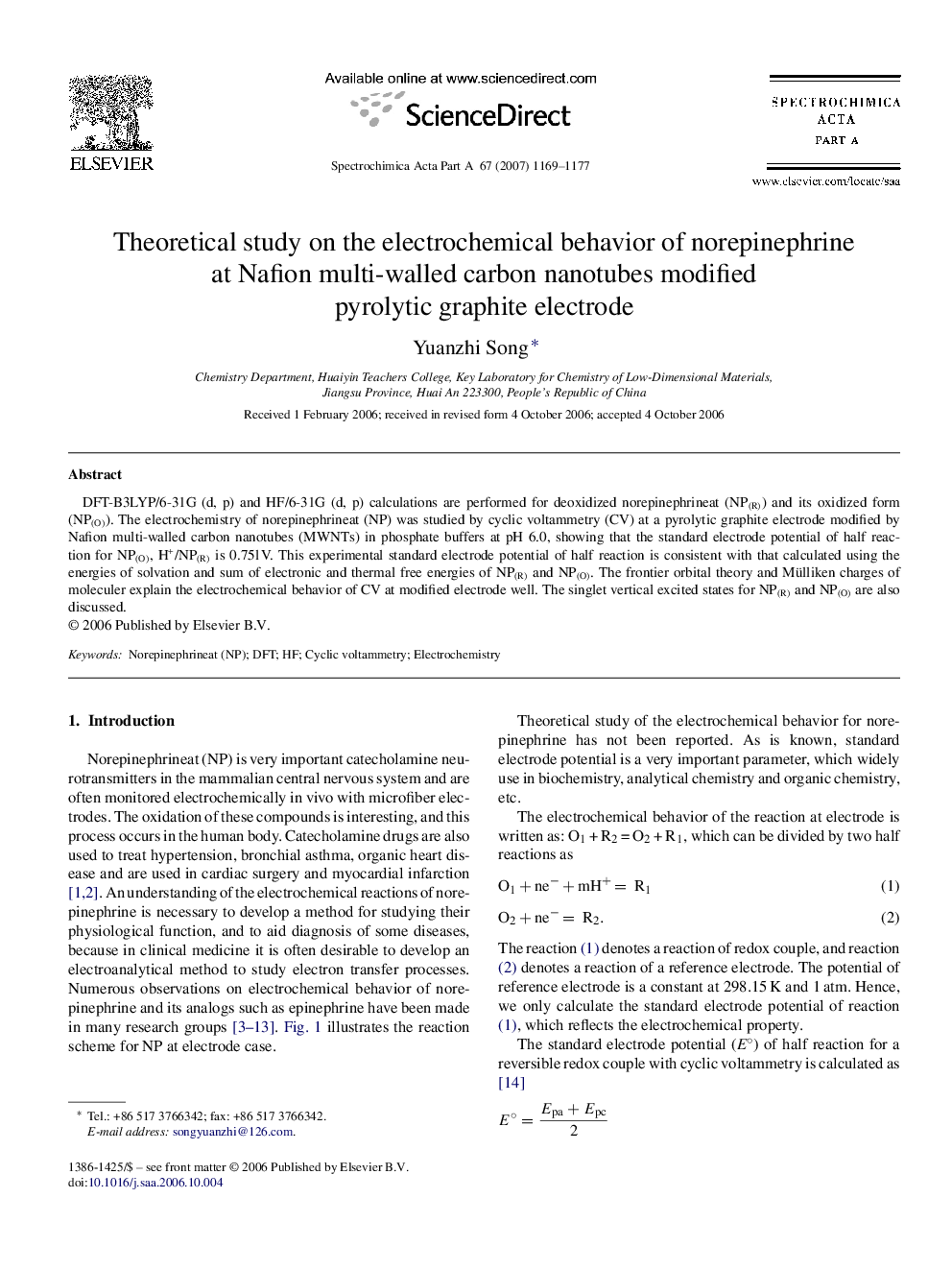 Theoretical study on the electrochemical behavior of norepinephrine at Nafion multi-walled carbon nanotubes modified pyrolytic graphite electrode