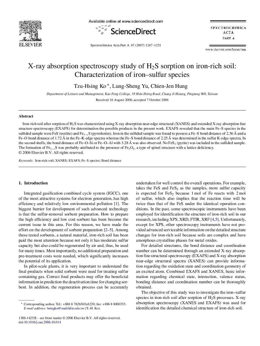 X-ray absorption spectroscopy study of H2S sorption on iron-rich soil: Characterization of iron–sulfur species