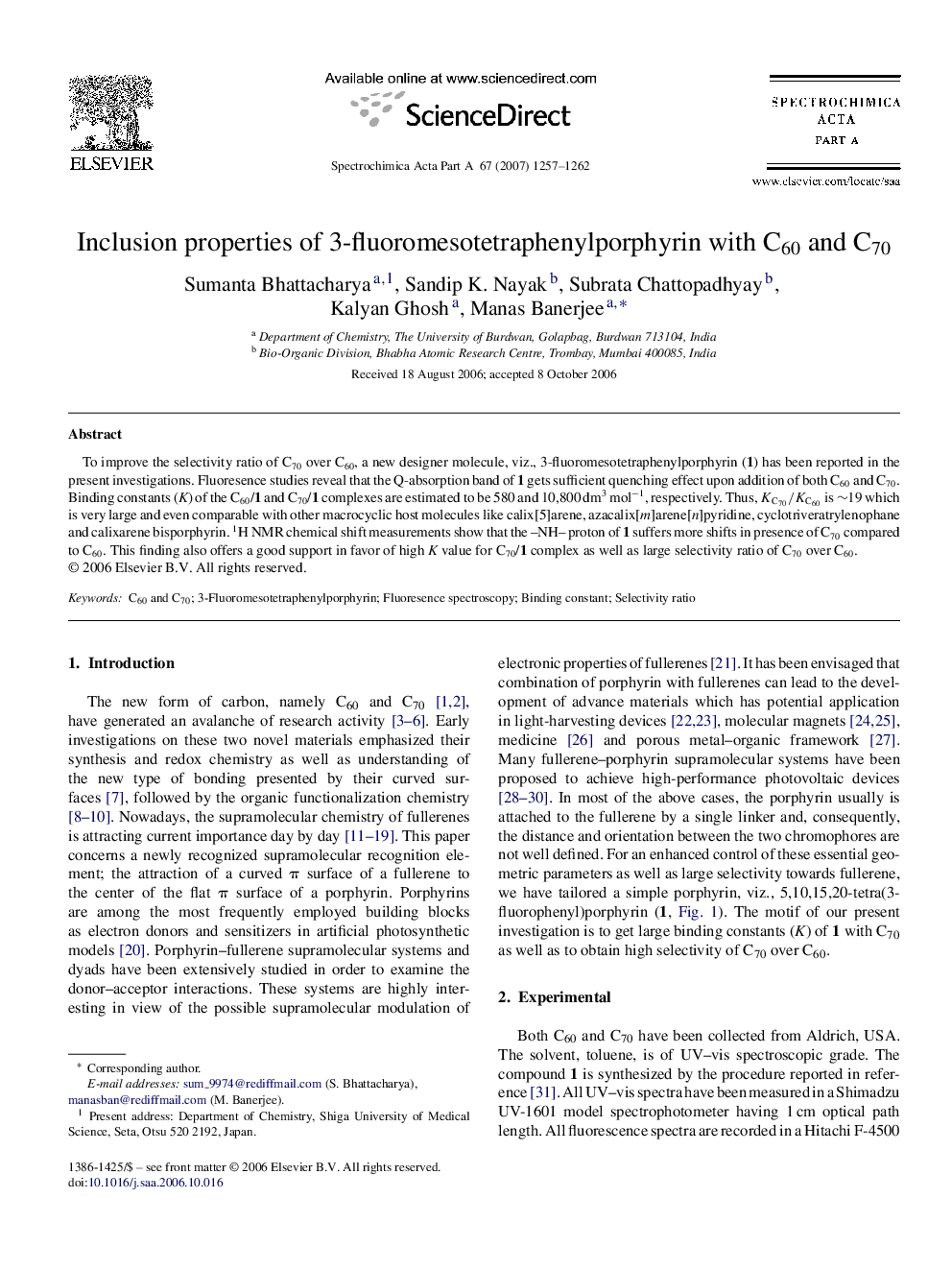 Inclusion properties of 3-fluoromesotetraphenylporphyrin with C60 and C70