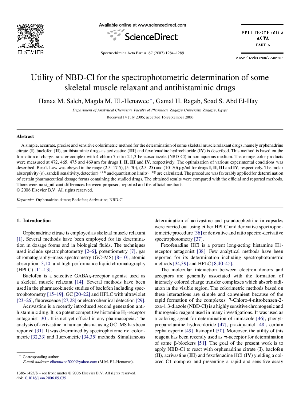 Utility of NBD-Cl for the spectrophotometric determination of some skeletal muscle relaxant and antihistaminic drugs