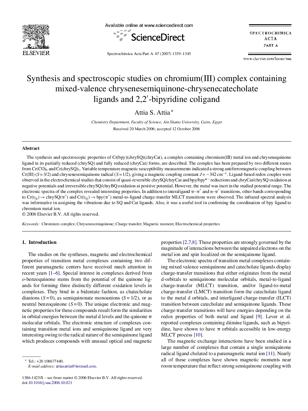 Synthesis and spectroscopic studies on chromium(III) complex containing mixed-valence chrysenesemiquinone-chrysenecatecholate ligands and 2,2′-bipyridine coligand