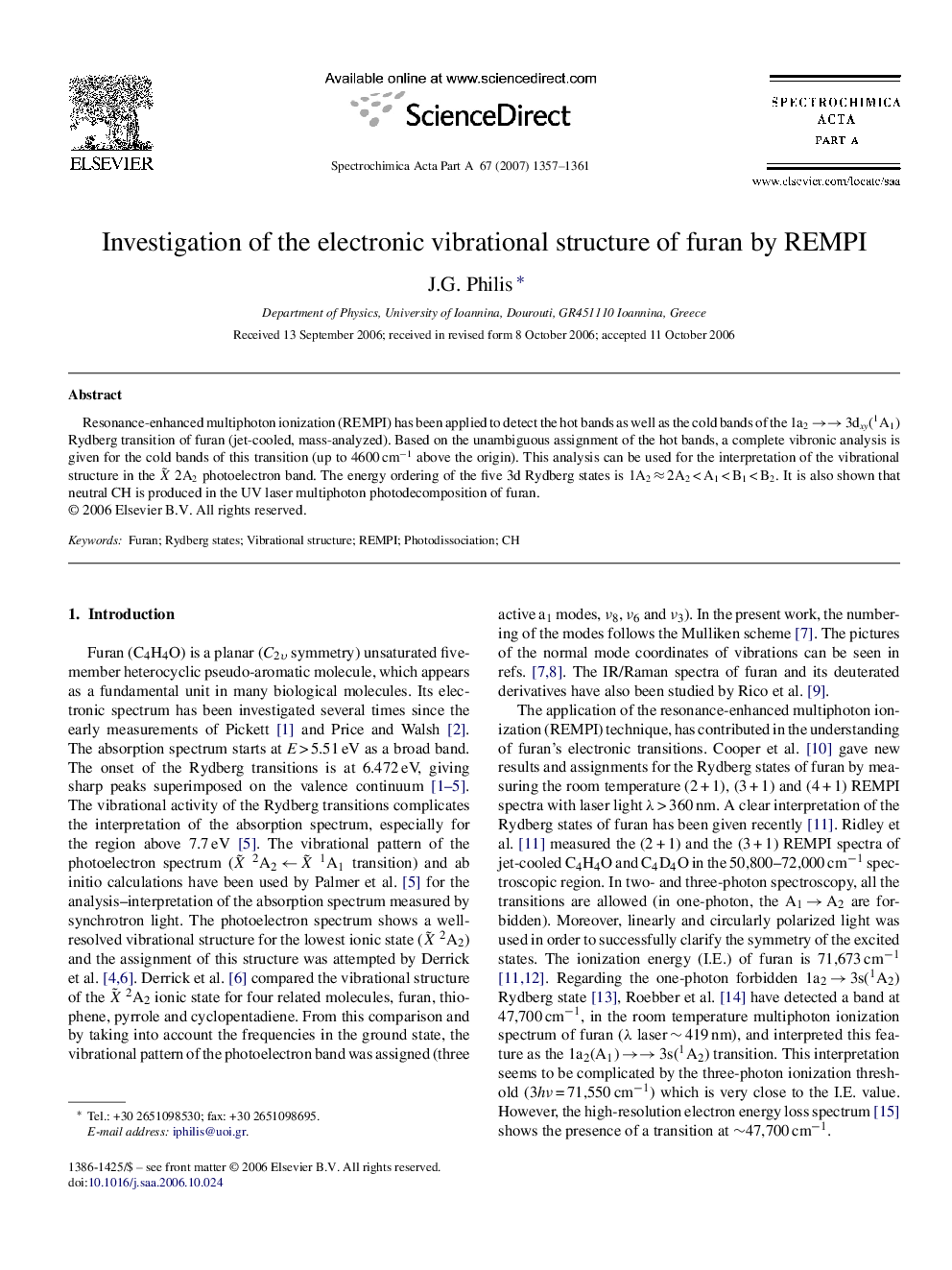 Investigation of the electronic vibrational structure of furan by REMPI