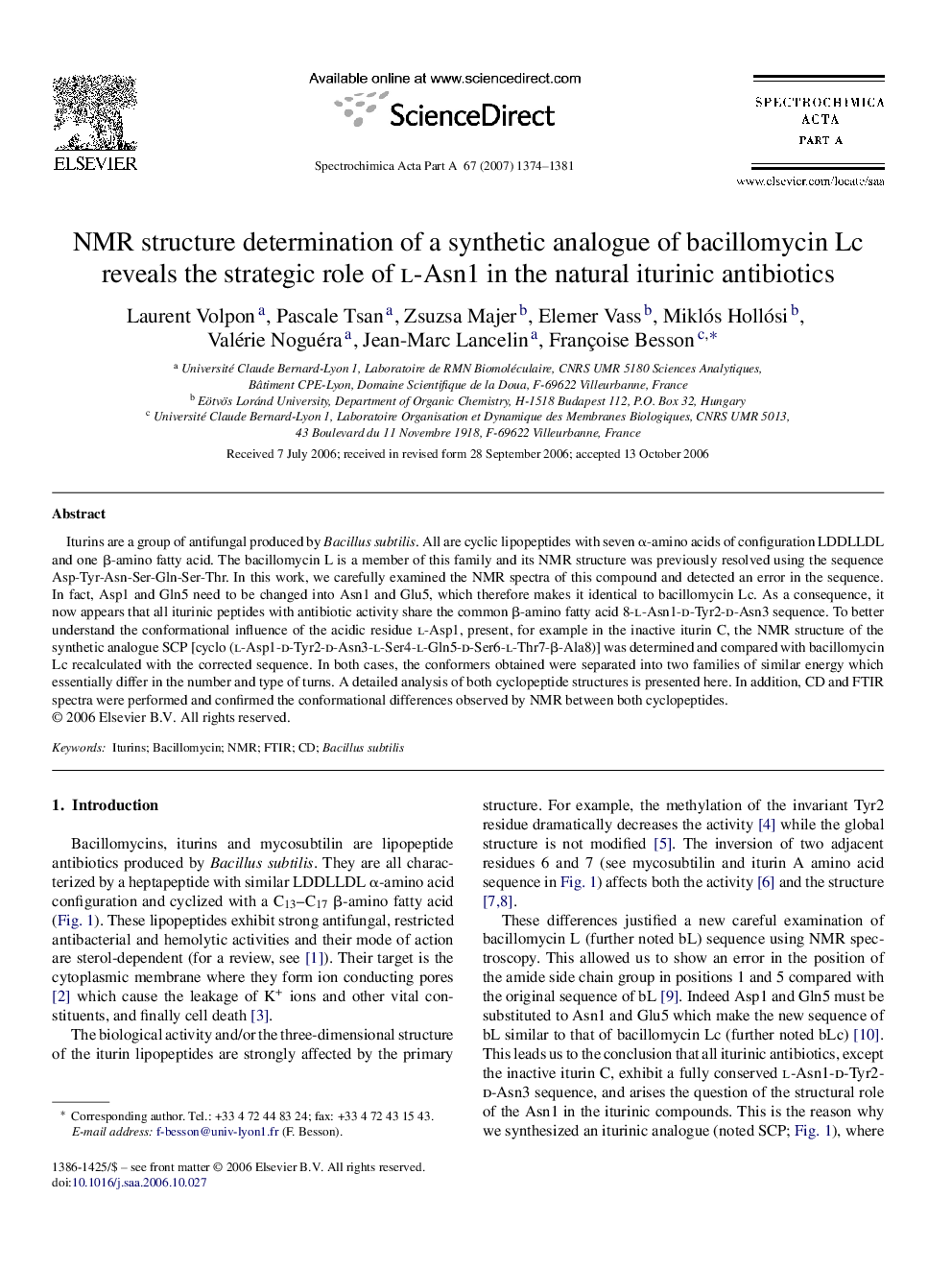 NMR structure determination of a synthetic analogue of bacillomycin Lc reveals the strategic role of l-Asn1 in the natural iturinic antibiotics