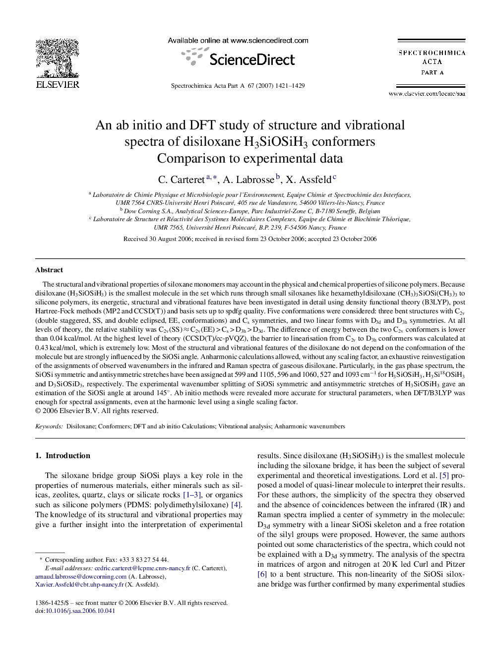 An ab initio and DFT study of structure and vibrational spectra of disiloxane H3SiOSiH3 conformers