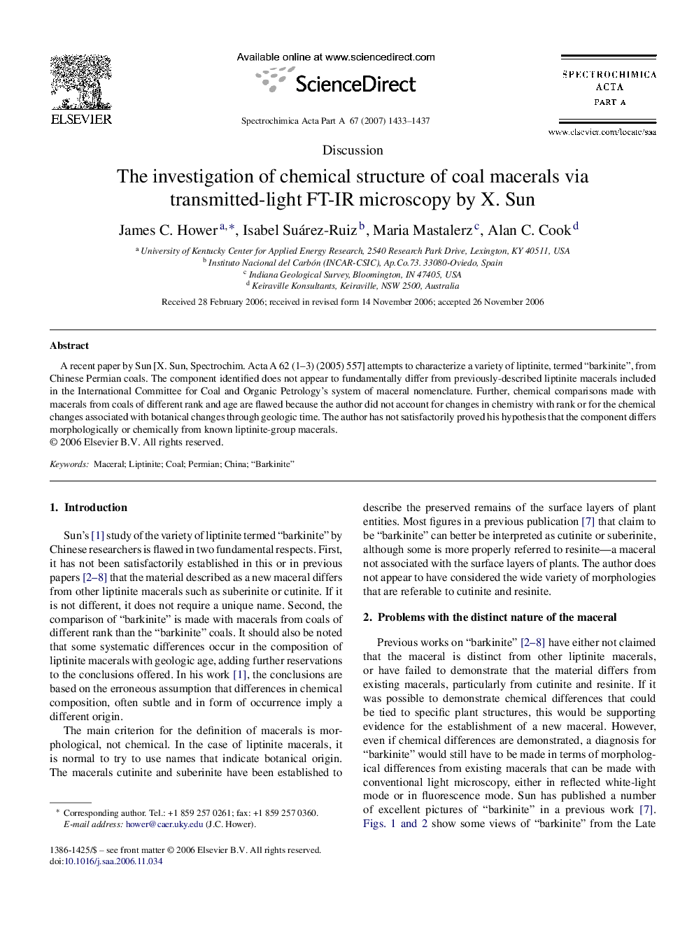 The investigation of chemical structure of coal macerals via transmitted-light FT-IR microscopy by X. Sun