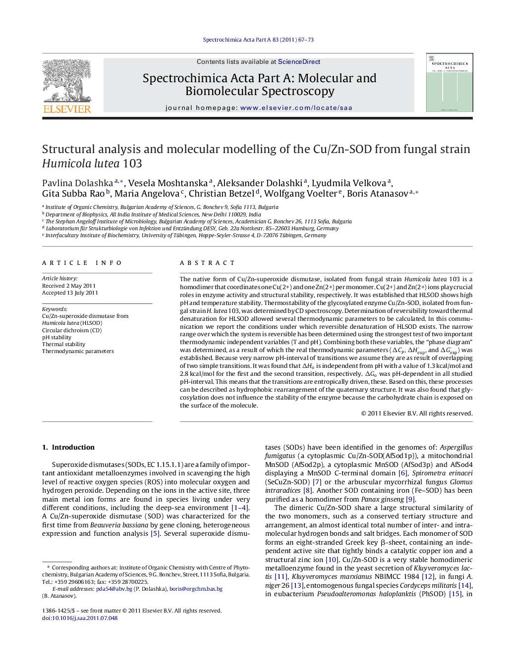 Structural analysis and molecular modelling of the Cu/Zn-SOD from fungal strain Humicola lutea 103