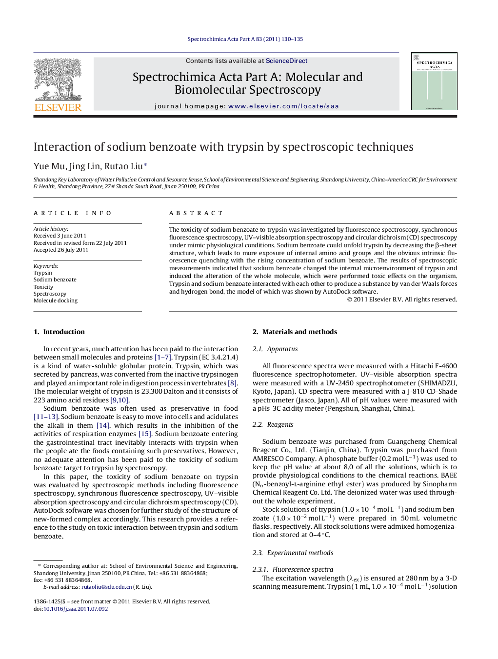 Interaction of sodium benzoate with trypsin by spectroscopic techniques