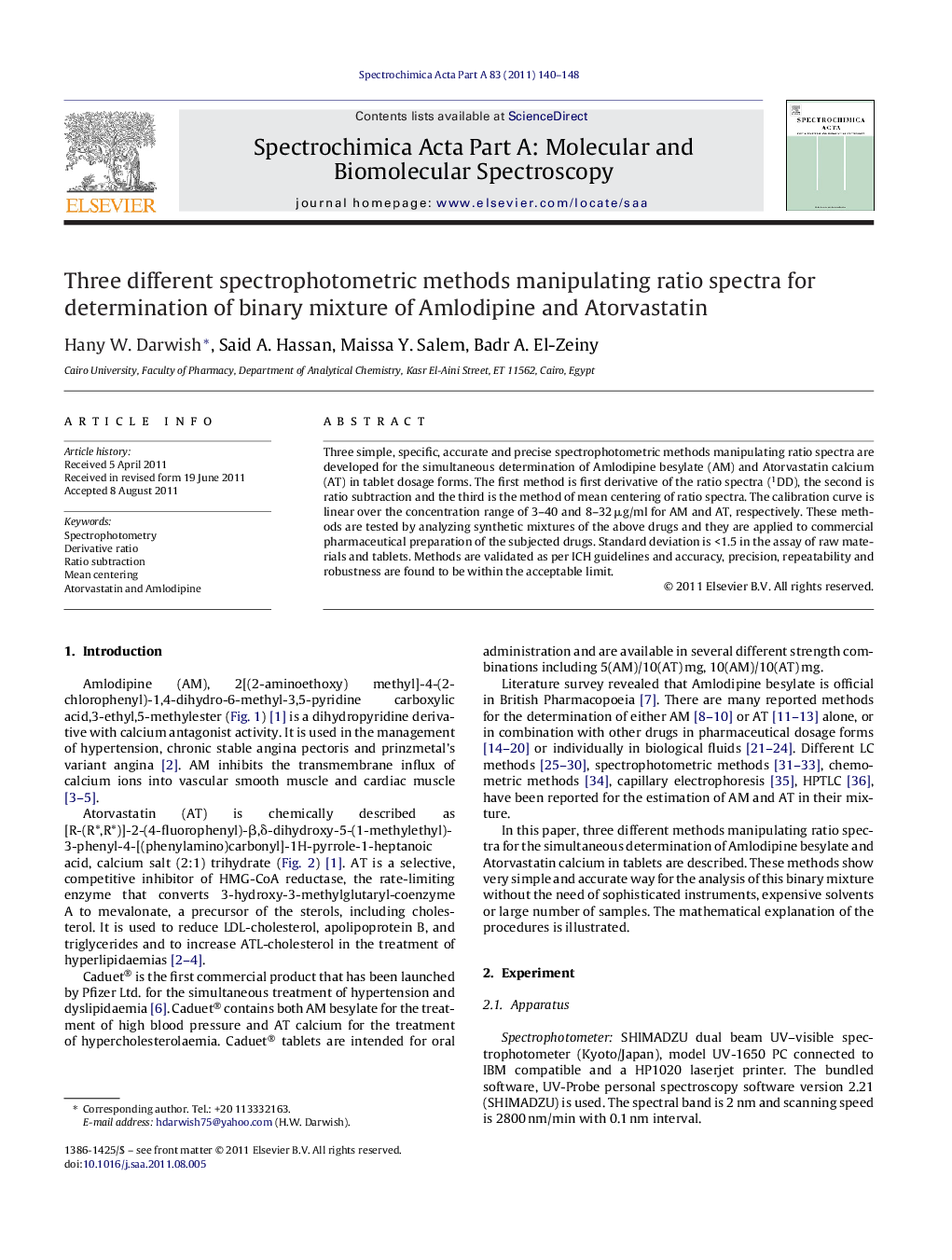 Three different spectrophotometric methods manipulating ratio spectra for determination of binary mixture of Amlodipine and Atorvastatin