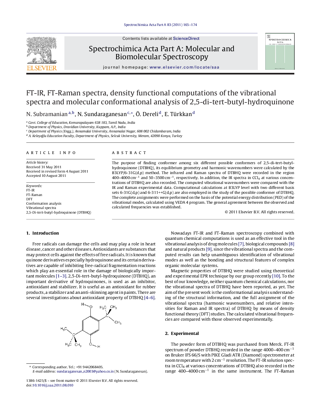 FT-IR, FT-Raman spectra, density functional computations of the vibrational spectra and molecular conformational analysis of 2,5-di-tert-butyl-hydroquinone