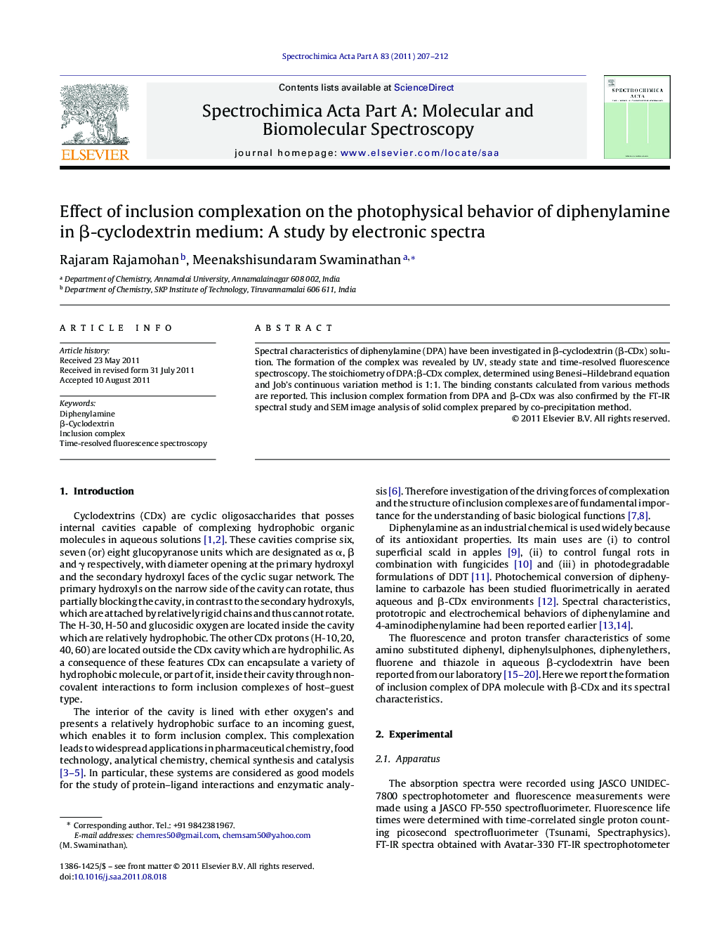 Effect of inclusion complexation on the photophysical behavior of diphenylamine in β-cyclodextrin medium: A study by electronic spectra