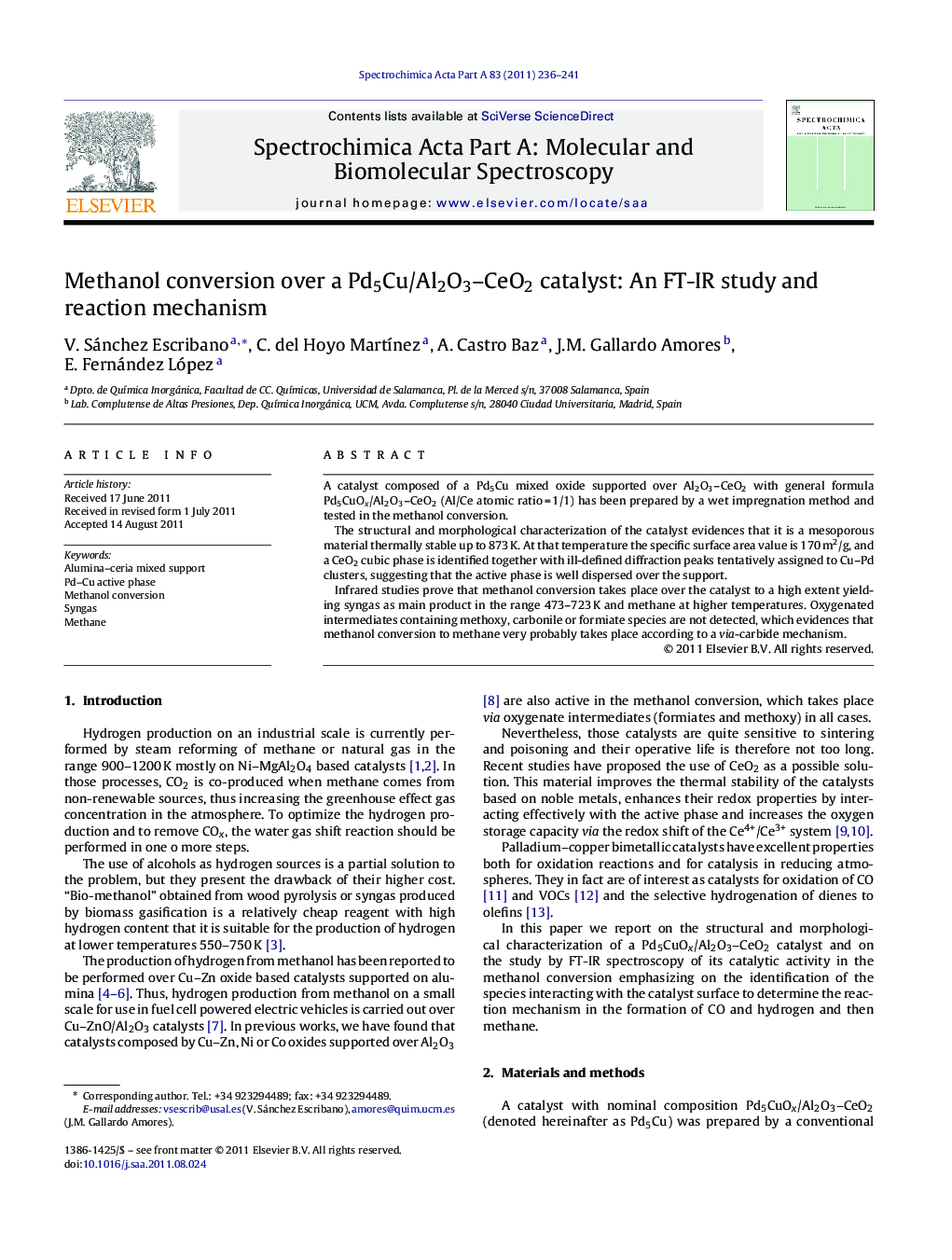 Methanol conversion over a Pd5Cu/Al2O3–CeO2 catalyst: An FT-IR study and reaction mechanism