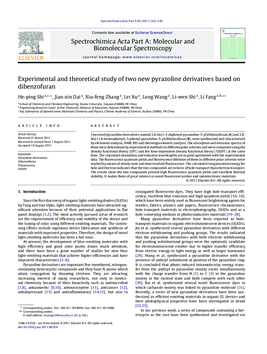 Experimental and theoretical study of two new pyrazoline derivatives based on dibenzofuran