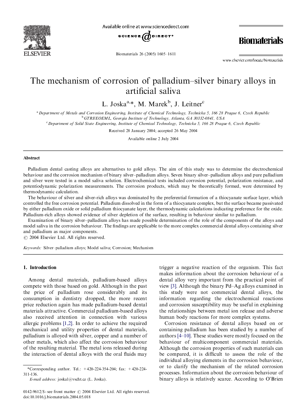 The mechanism of corrosion of palladium–silver binary alloys in artificial saliva