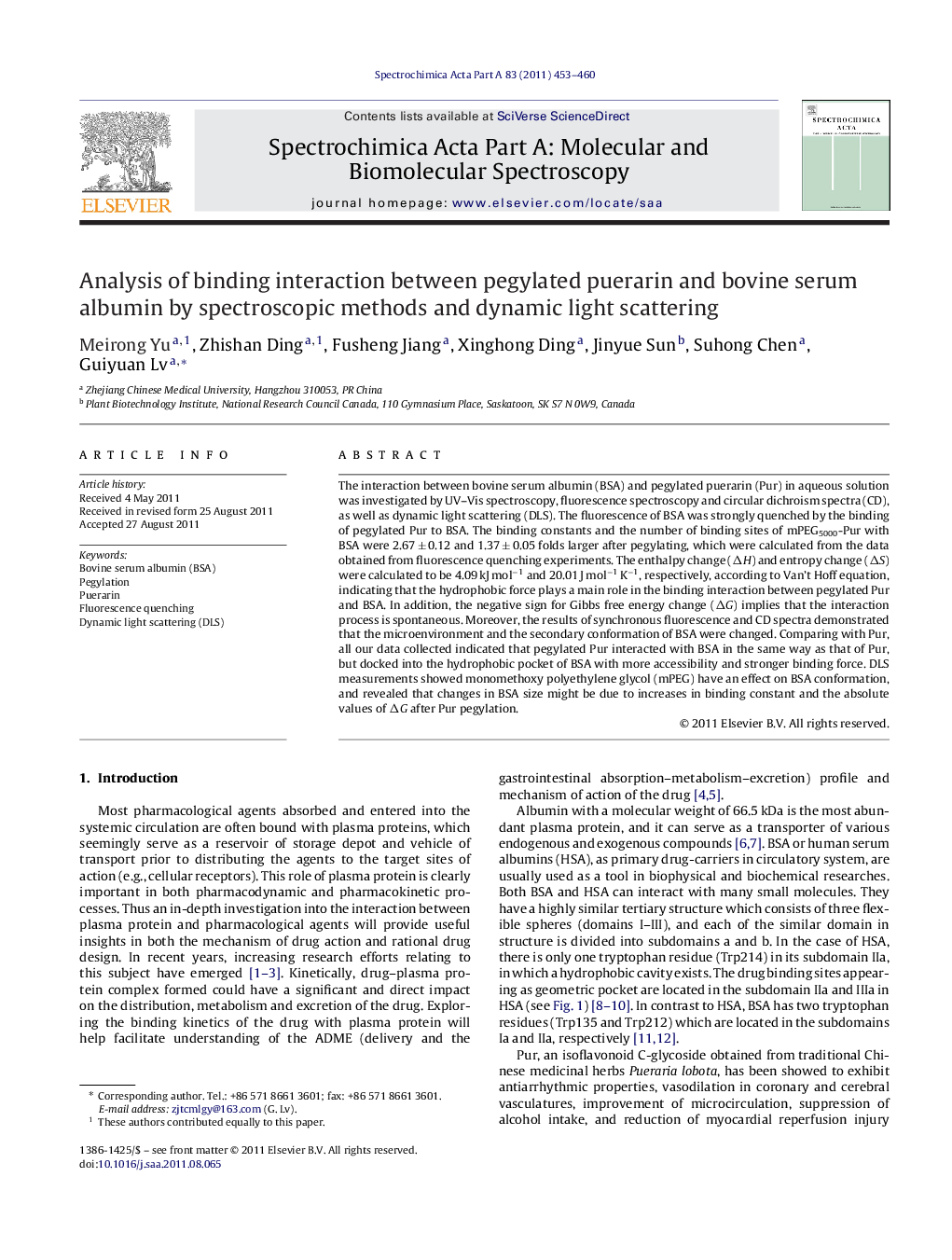 Analysis of binding interaction between pegylated puerarin and bovine serum albumin by spectroscopic methods and dynamic light scattering