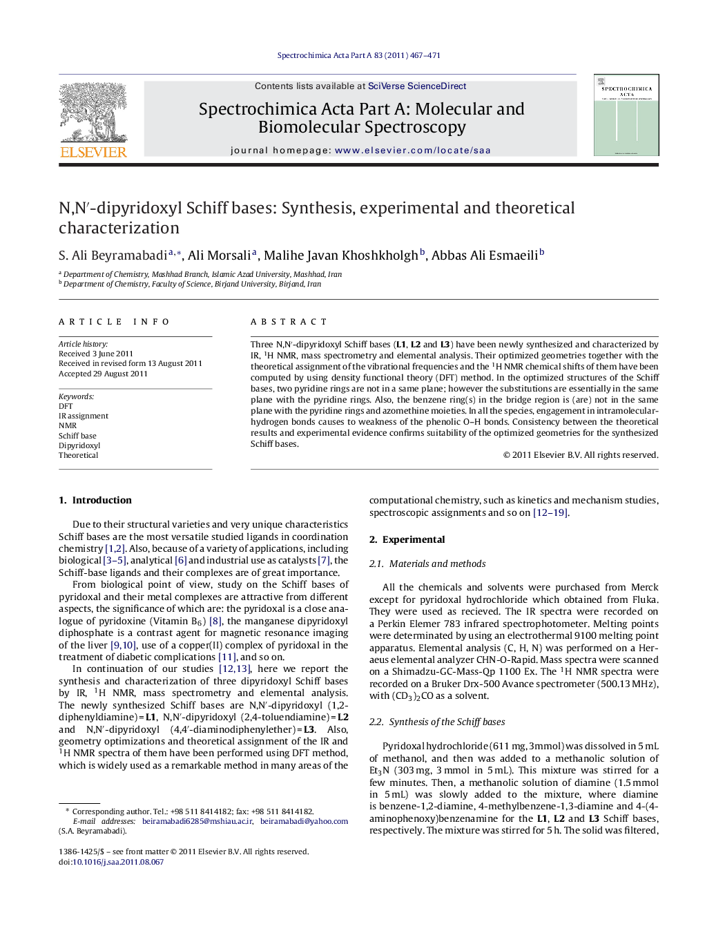 N,N′-dipyridoxyl Schiff bases: Synthesis, experimental and theoretical characterization