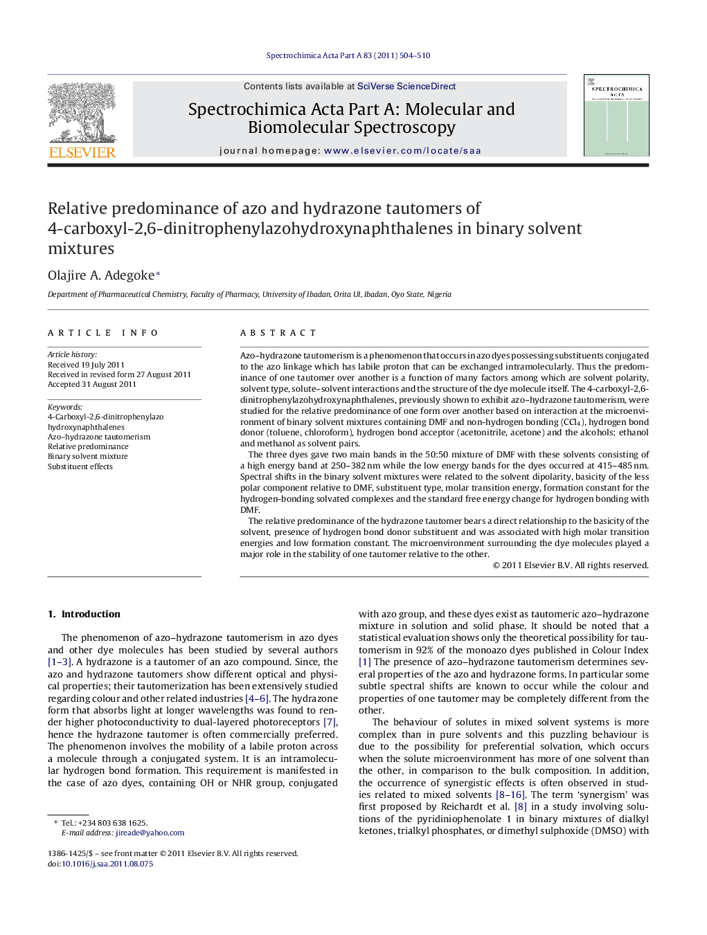 Relative predominance of azo and hydrazone tautomers of 4-carboxyl-2,6-dinitrophenylazohydroxynaphthalenes in binary solvent mixtures