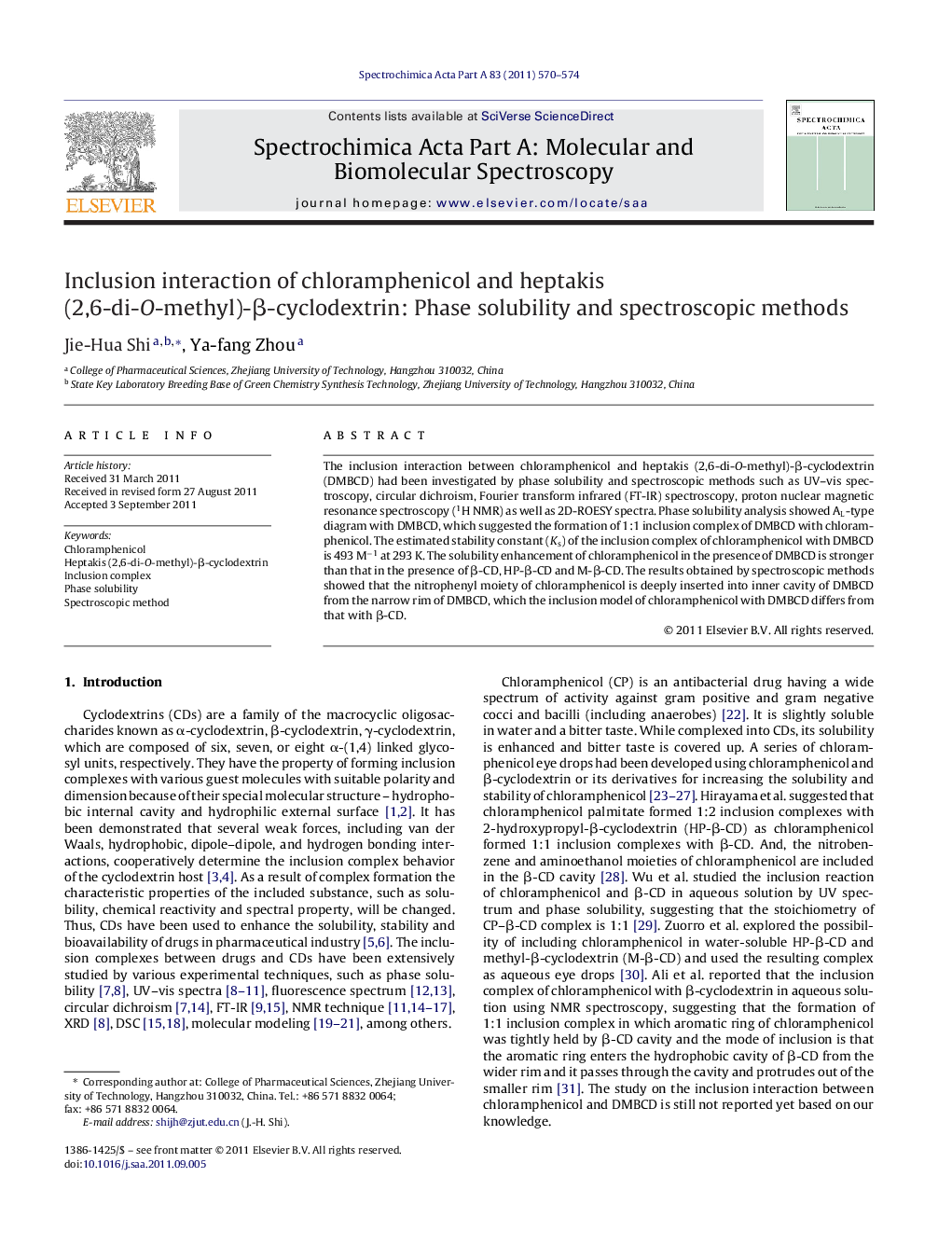 Inclusion interaction of chloramphenicol and heptakis (2,6-di-O-methyl)-β-cyclodextrin: Phase solubility and spectroscopic methods