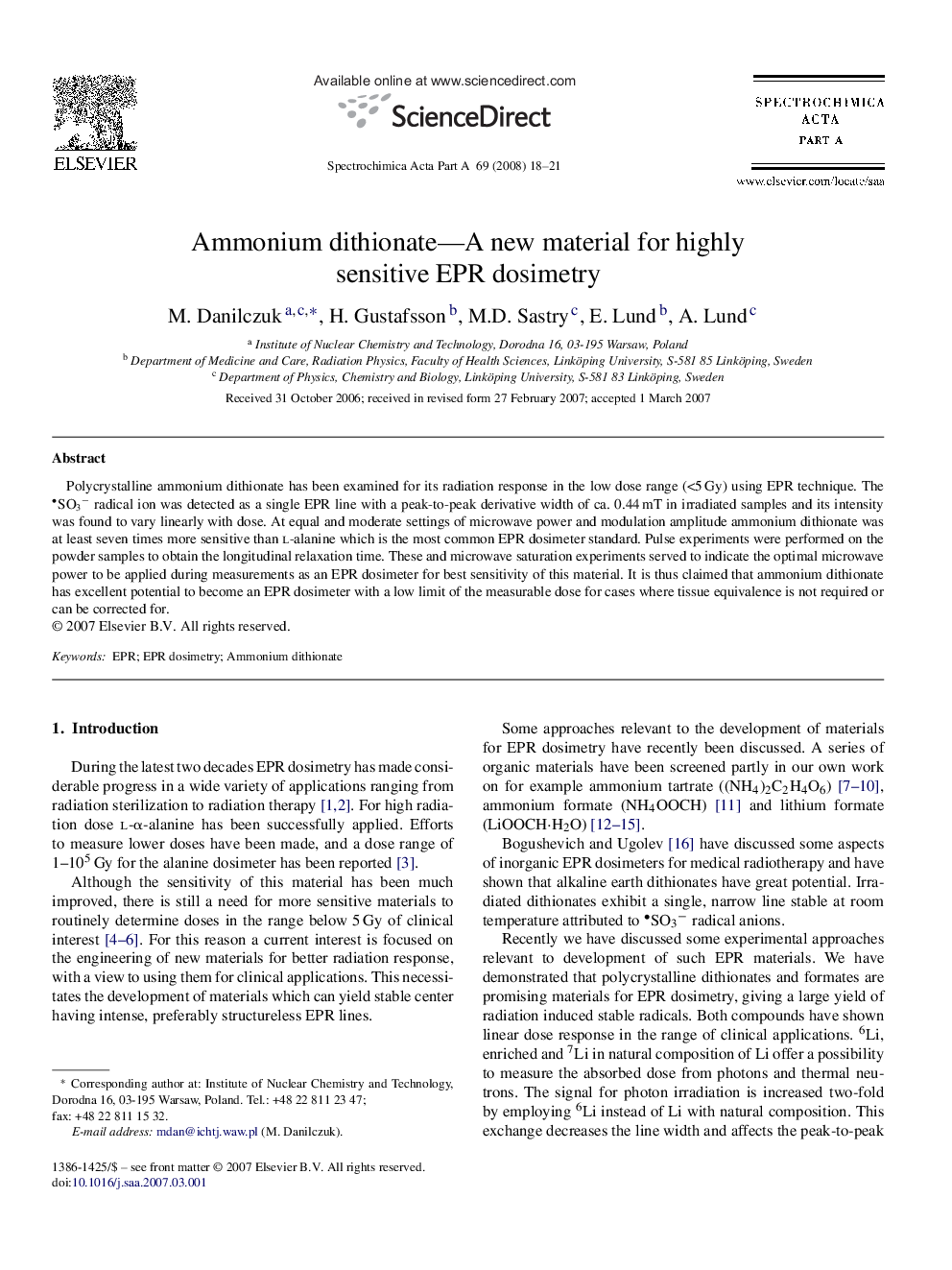 Ammonium dithionate—A new material for highly sensitive EPR dosimetry