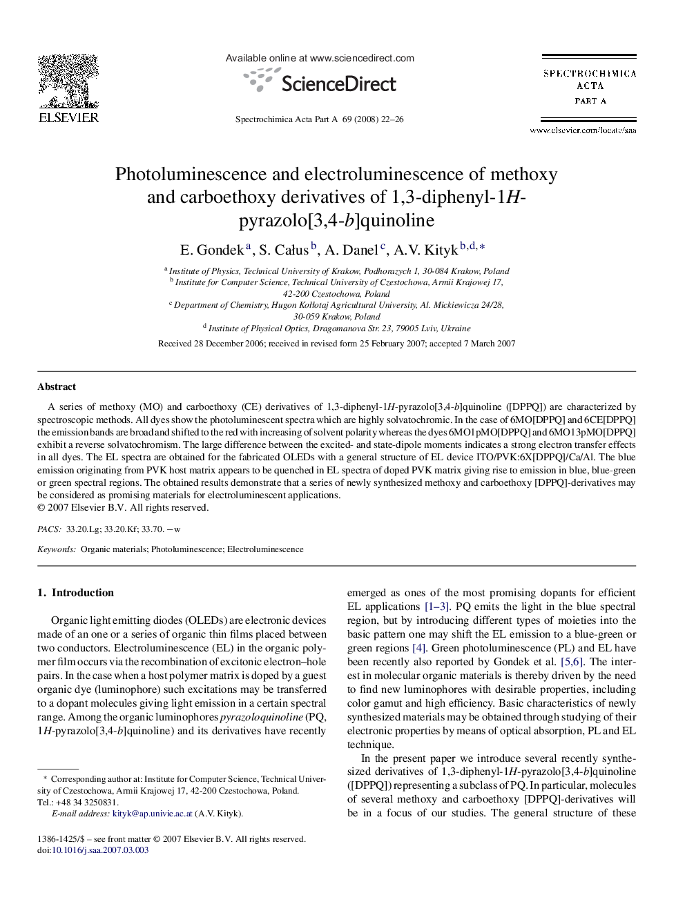 Photoluminescence and electroluminescence of methoxy and carboethoxy derivatives of 1,3-diphenyl-1H-pyrazolo[3,4-b]quinoline