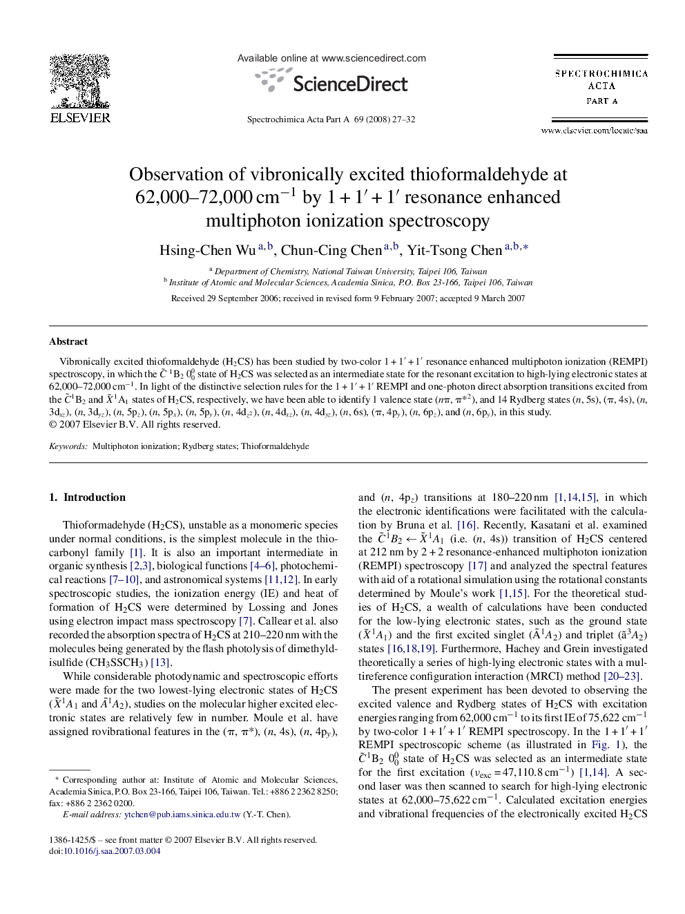 Observation of vibronically excited thioformaldehyde at 62,000-72,000Â cmâ1 by 1Â +Â 1â²Â +Â 1â² resonance enhanced multiphoton ionization spectroscopy