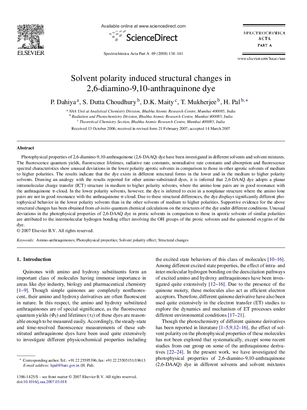 Solvent polarity induced structural changes in 2,6-diamino-9,10-anthraquinone dye