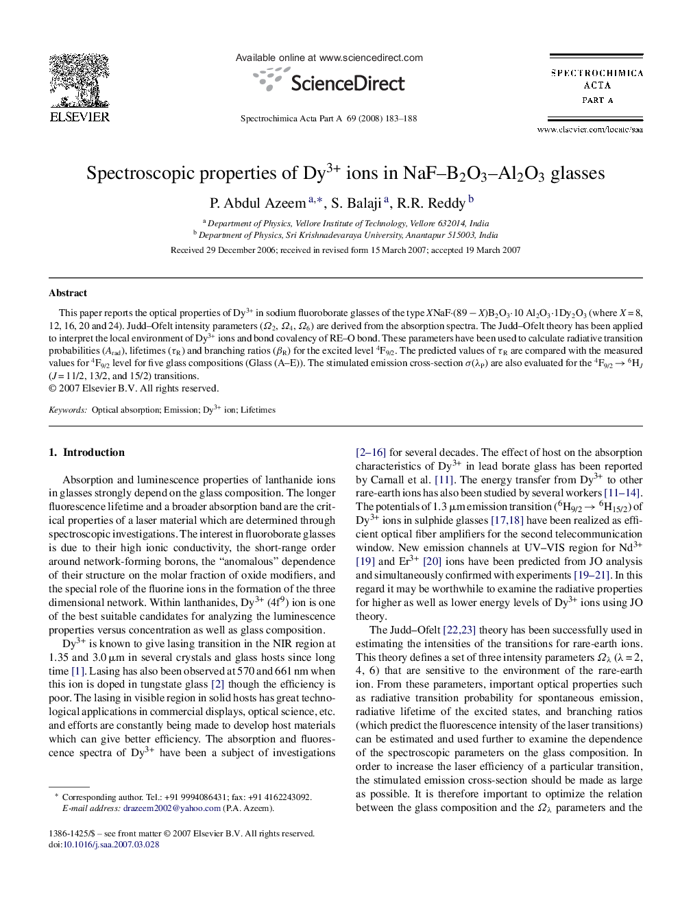 Spectroscopic properties of Dy3+ ions in NaF–B2O3–Al2O3 glasses