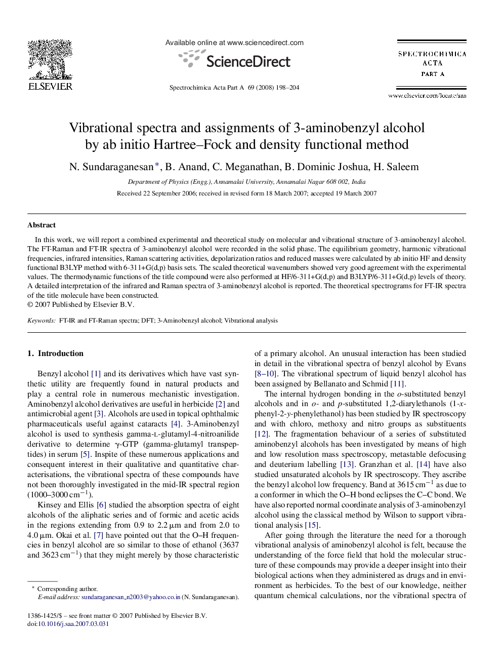 Vibrational spectra and assignments of 3-aminobenzyl alcohol by ab initio Hartree-Fock and density functional method