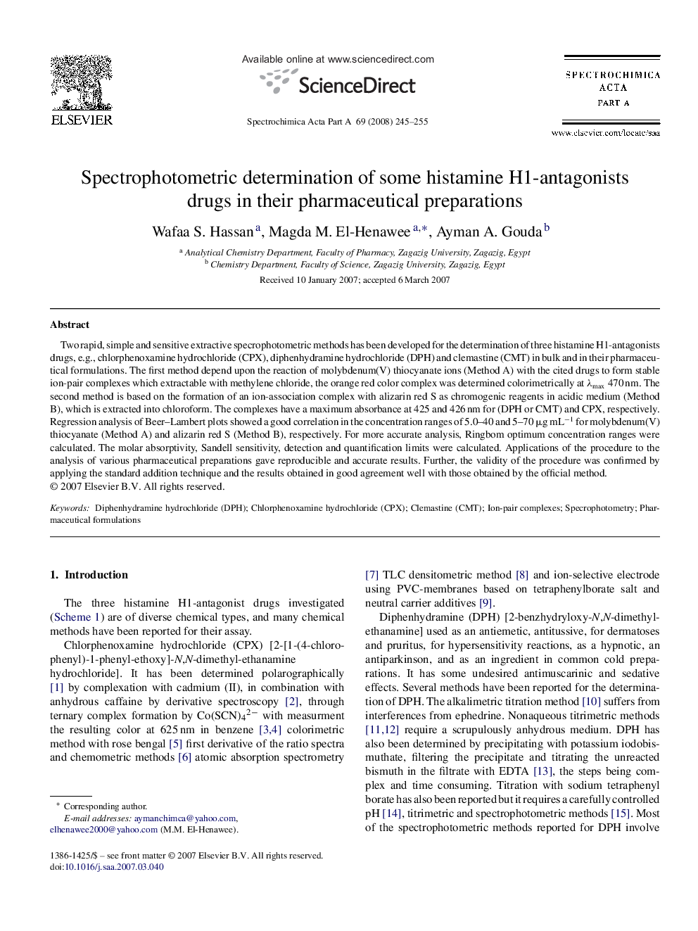 Spectrophotometric determination of some histamine H1-antagonists drugs in their pharmaceutical preparations