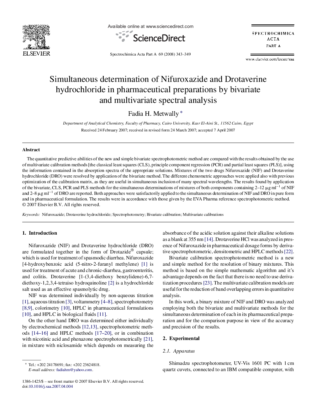 Simultaneous determination of Nifuroxazide and Drotaverine hydrochloride in pharmaceutical preparations by bivariate and multivariate spectral analysis