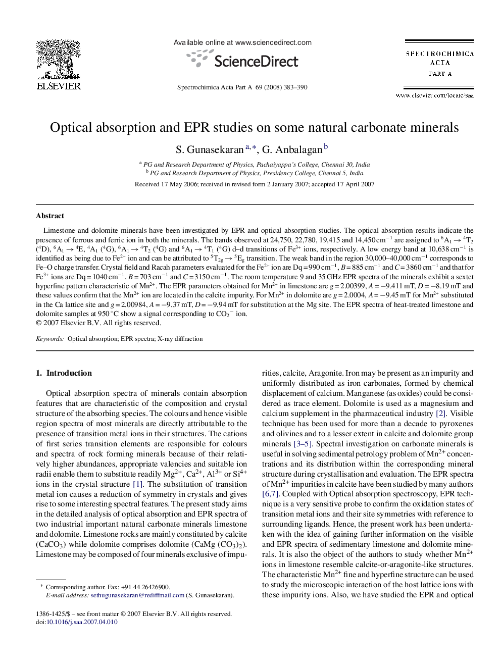 Optical absorption and EPR studies on some natural carbonate minerals