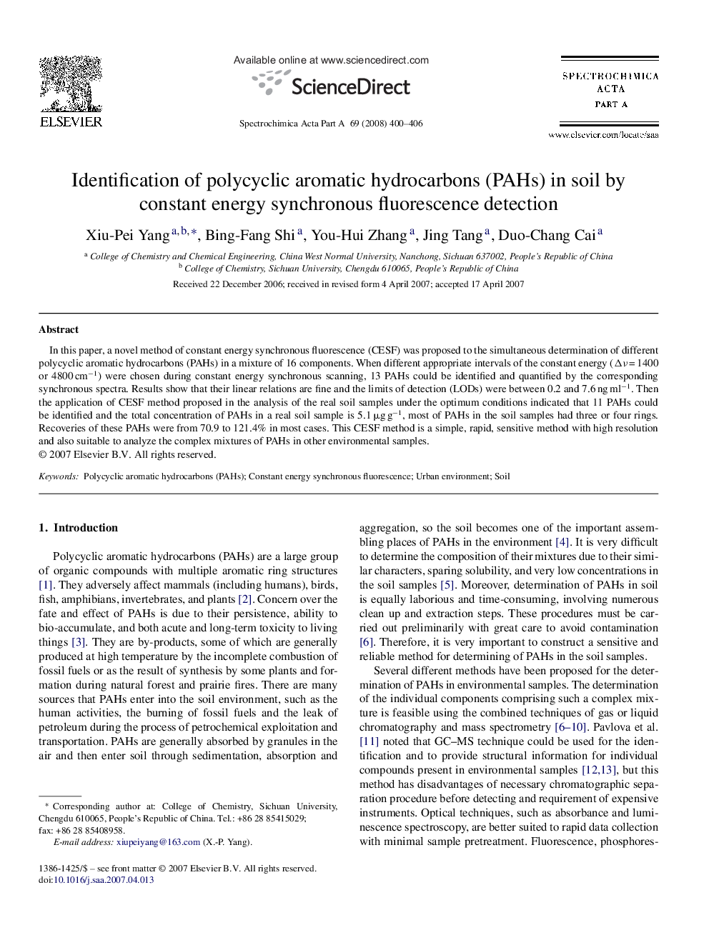 Identification of polycyclic aromatic hydrocarbons (PAHs) in soil by constant energy synchronous fluorescence detection