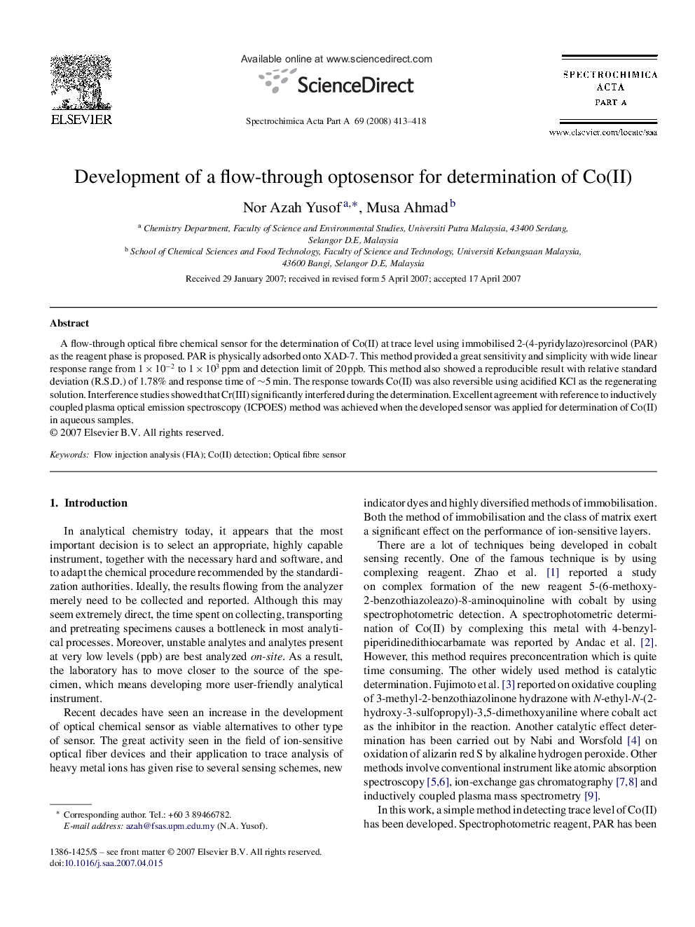 Development of a flow-through optosensor for determination of Co(II)