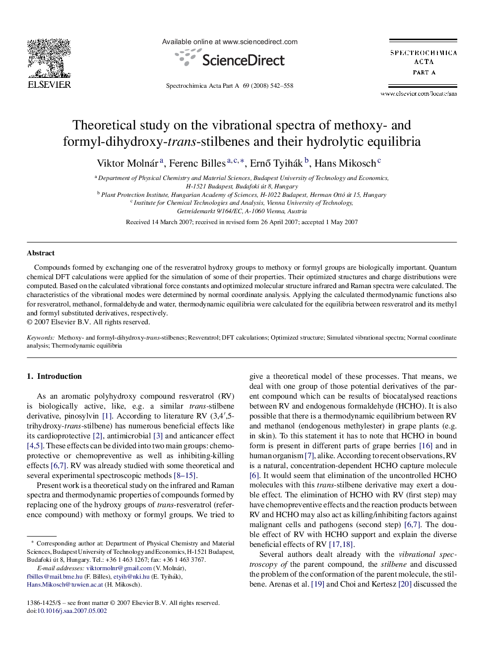 Theoretical study on the vibrational spectra of methoxy- and formyl-dihydroxy-trans-stilbenes and their hydrolytic equilibria