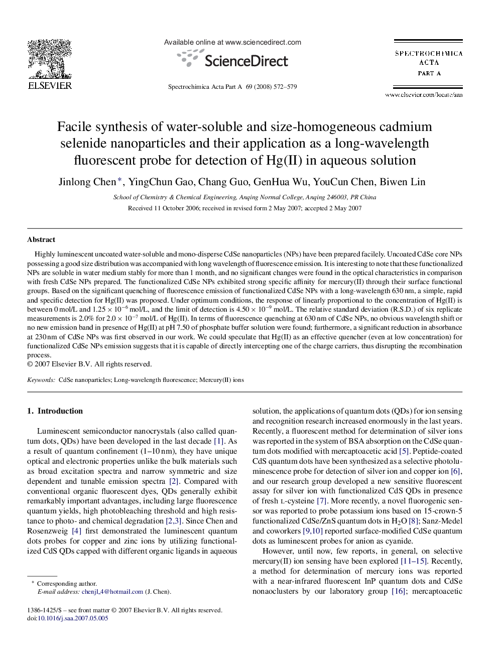 Facile synthesis of water-soluble and size-homogeneous cadmium selenide nanoparticles and their application as a long-wavelength fluorescent probe for detection of Hg(II) in aqueous solution