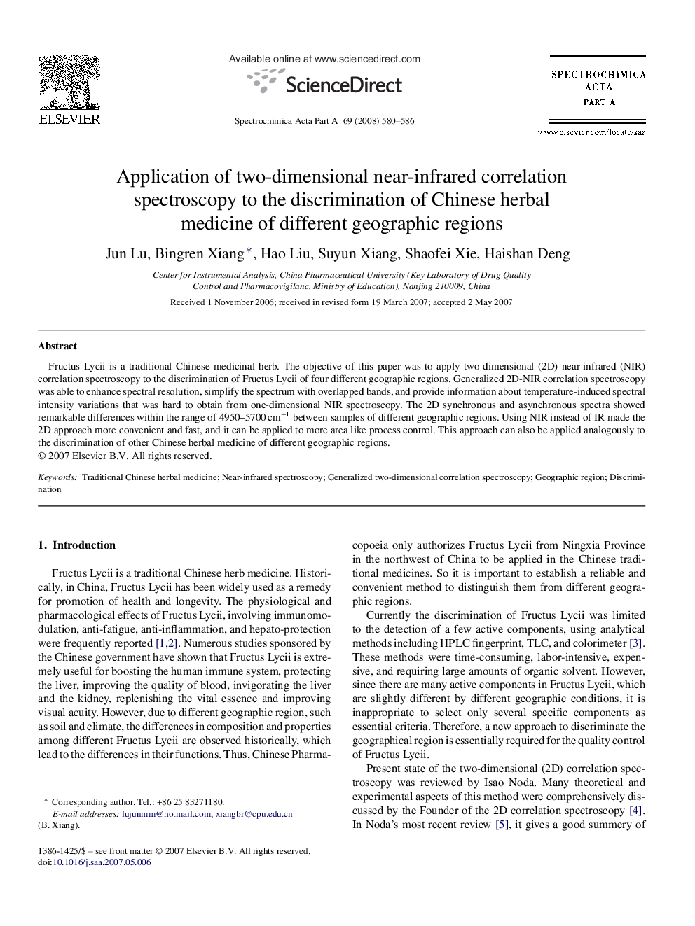 Application of two-dimensional near-infrared correlation spectroscopy to the discrimination of Chinese herbal medicine of different geographic regions