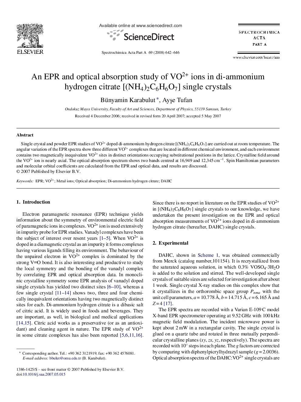 An EPR and optical absorption study of VO2+ ions in di-ammonium hydrogen citrate [(NH4)2C6H6O7] single crystals