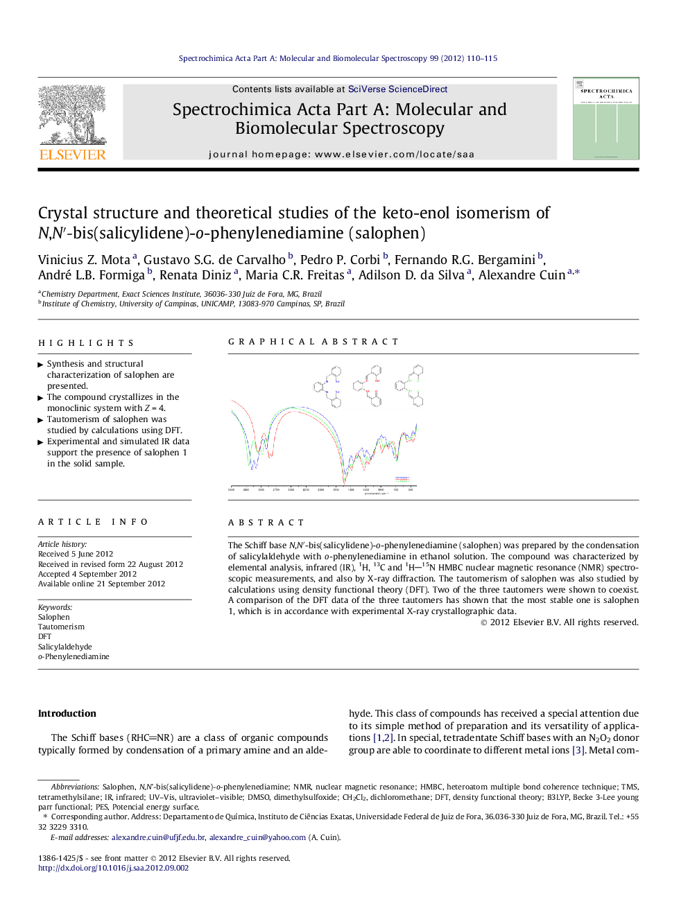 Crystal structure and theoretical studies of the keto-enol isomerism of N,N′-bis(salicylidene)-o-phenylenediamine (salophen)