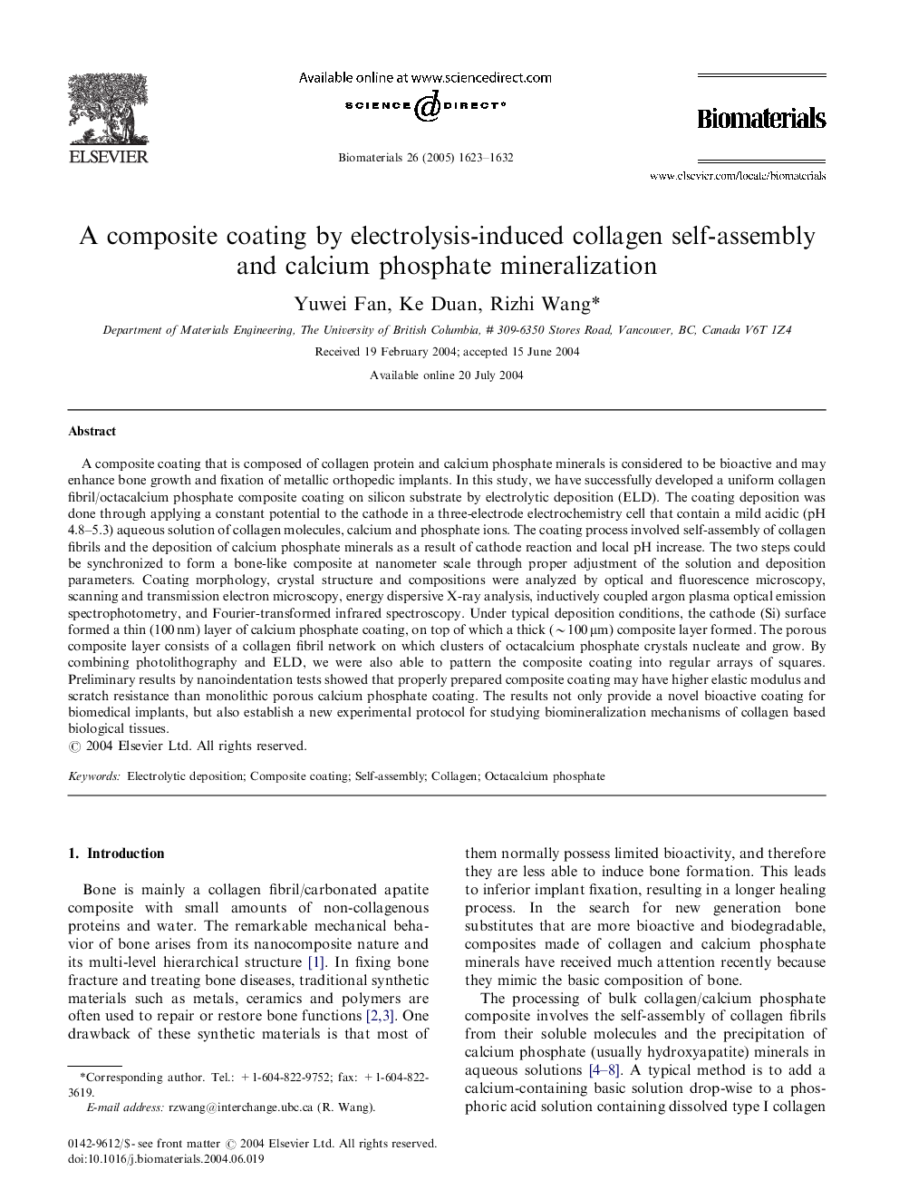 A composite coating by electrolysis-induced collagen self-assembly and calcium phosphate mineralization