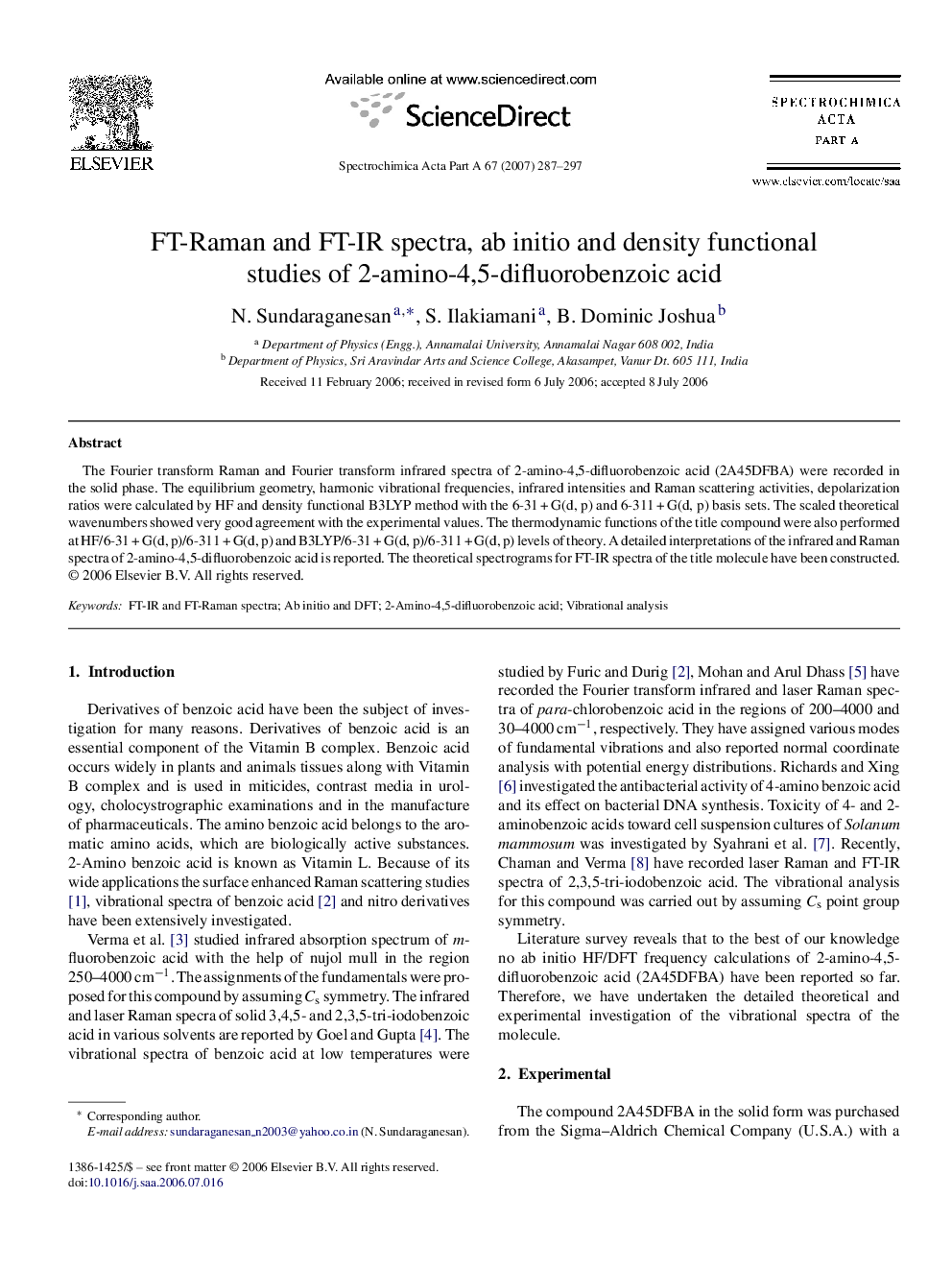 FT-Raman and FT-IR spectra, ab initio and density functional studies of 2-amino-4,5-difluorobenzoic acid