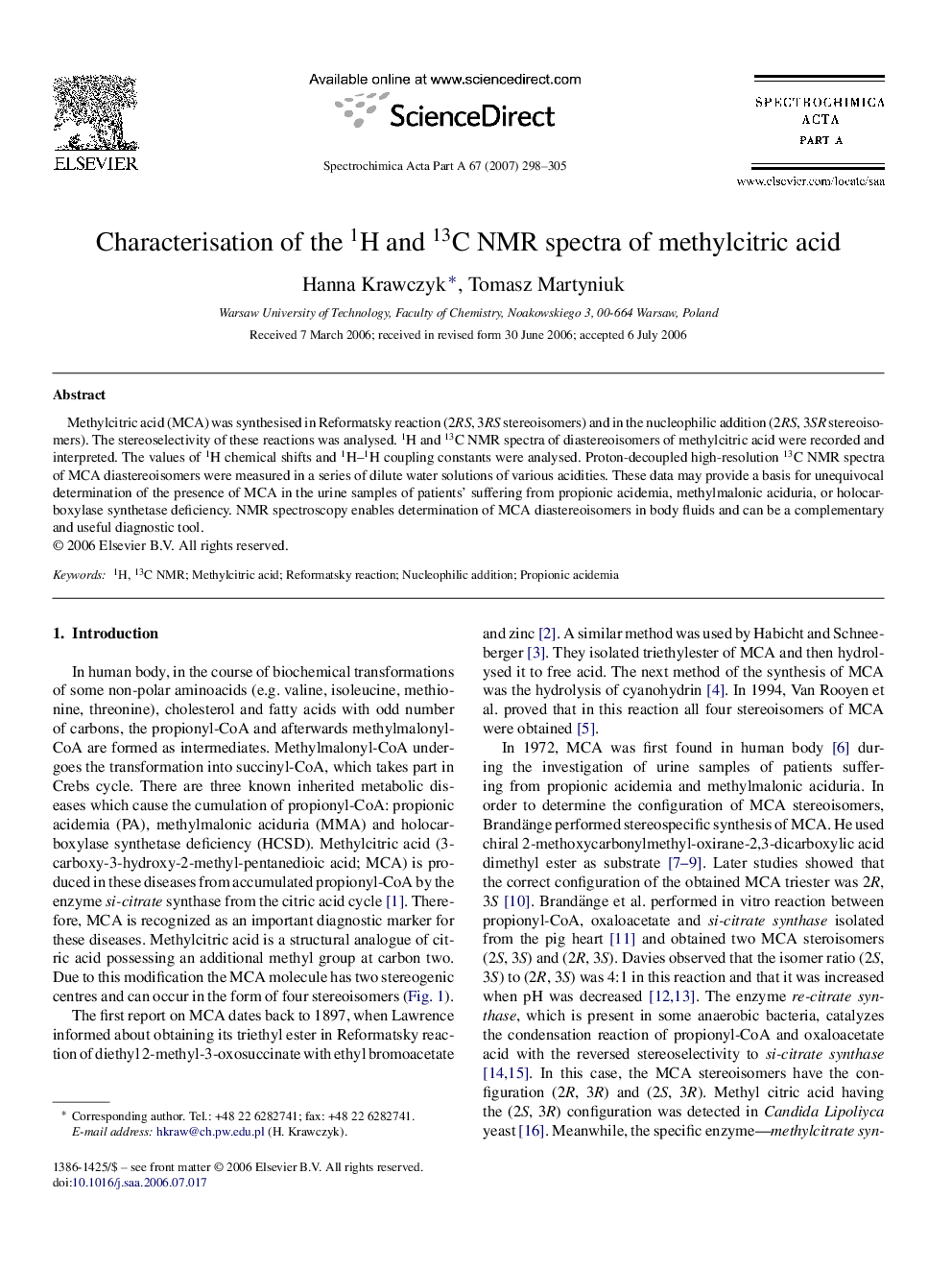 Characterisation of the 1H and 13C NMR spectra of methylcitric acid