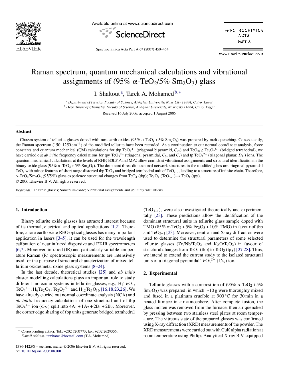 Raman spectrum, quantum mechanical calculations and vibrational assignments of (95% α-TeO2/5% Sm2O3) glass