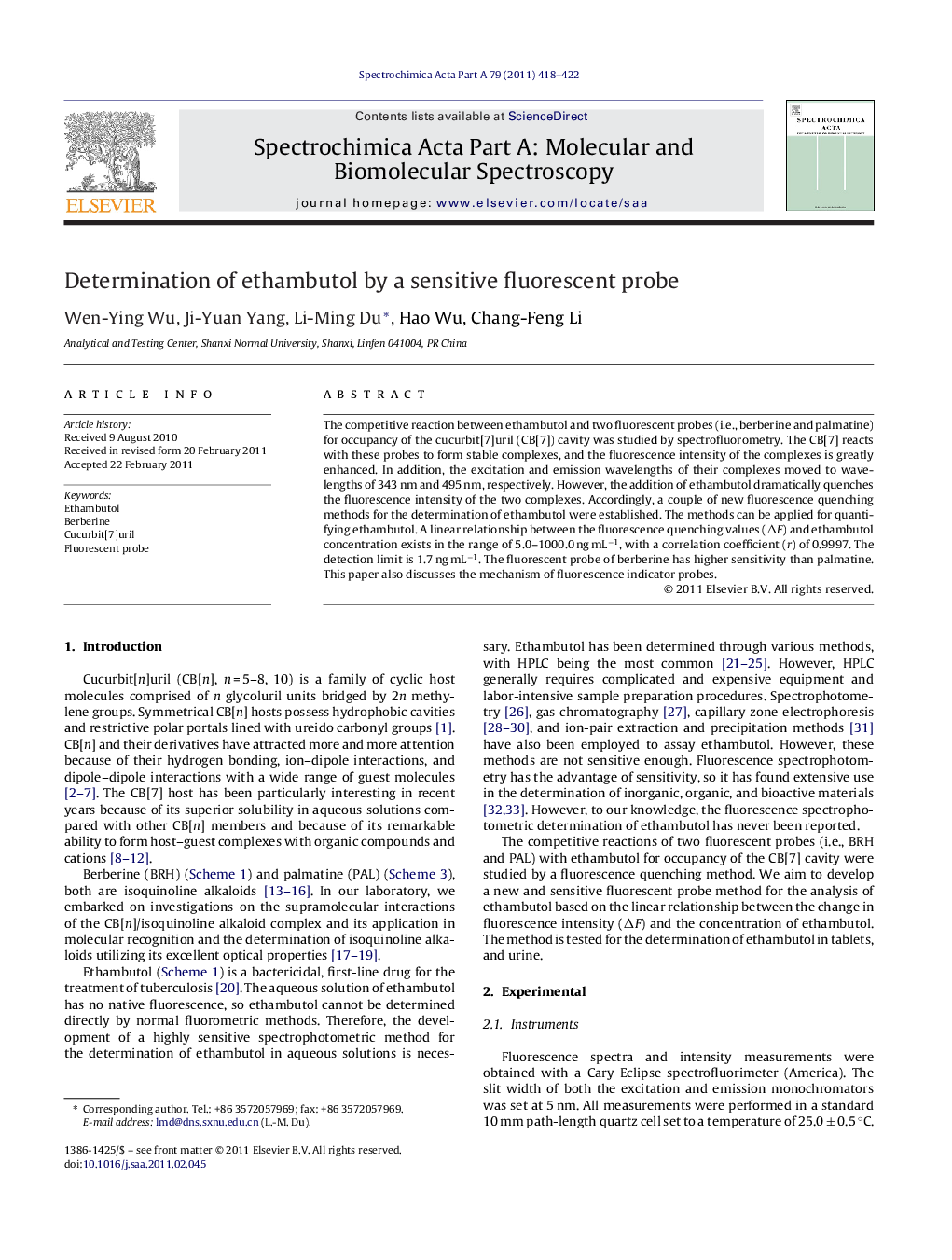 Determination of ethambutol by a sensitive fluorescent probe