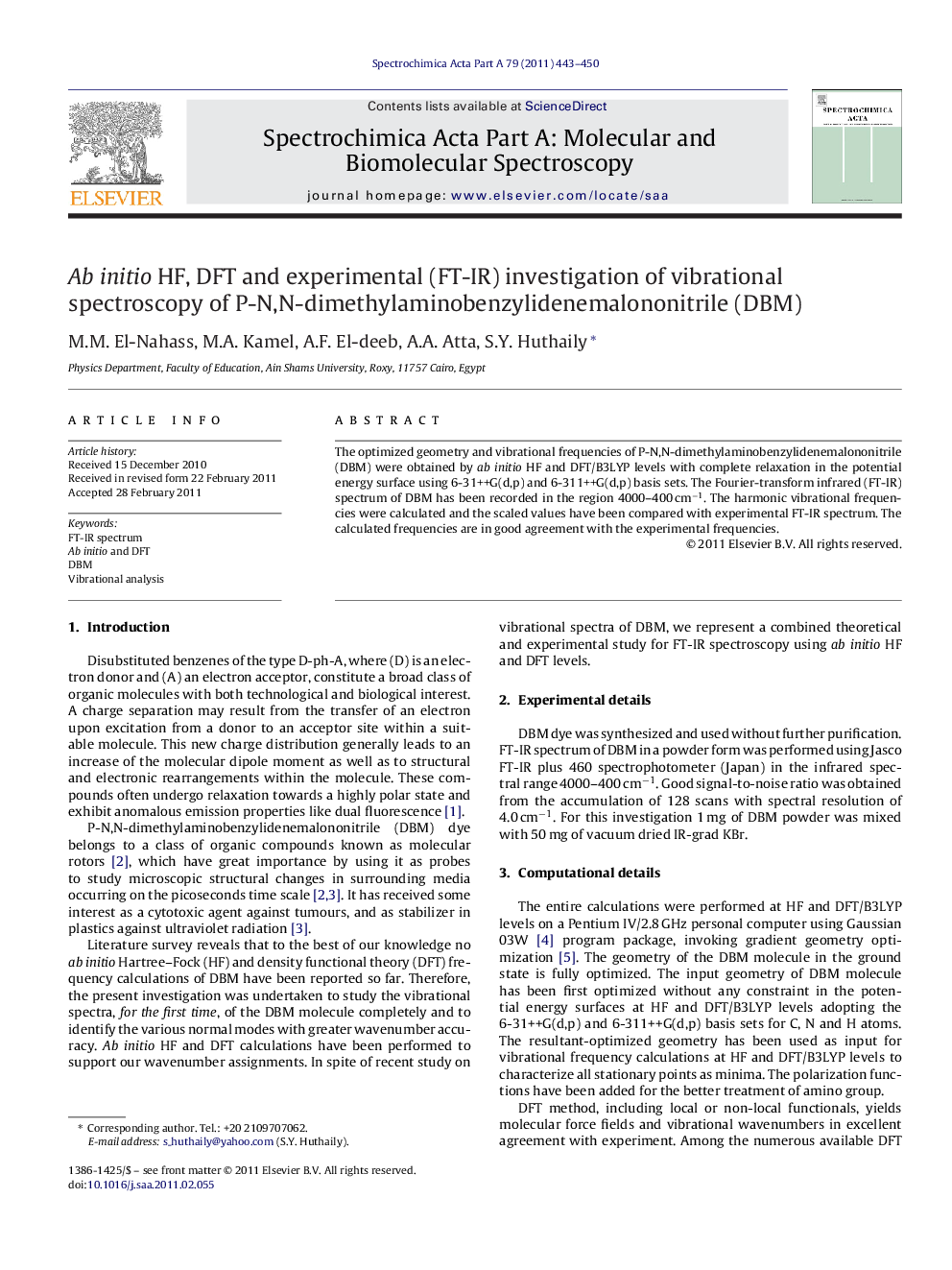 Ab initio HF, DFT and experimental (FT-IR) investigation of vibrational spectroscopy of P-N,N-dimethylaminobenzylidenemalononitrile (DBM)