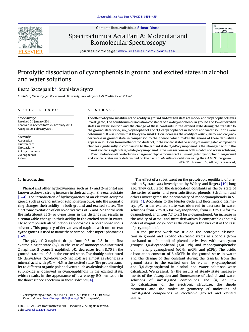 Protolytic dissociation of cyanophenols in ground and excited states in alcohol and water solutions