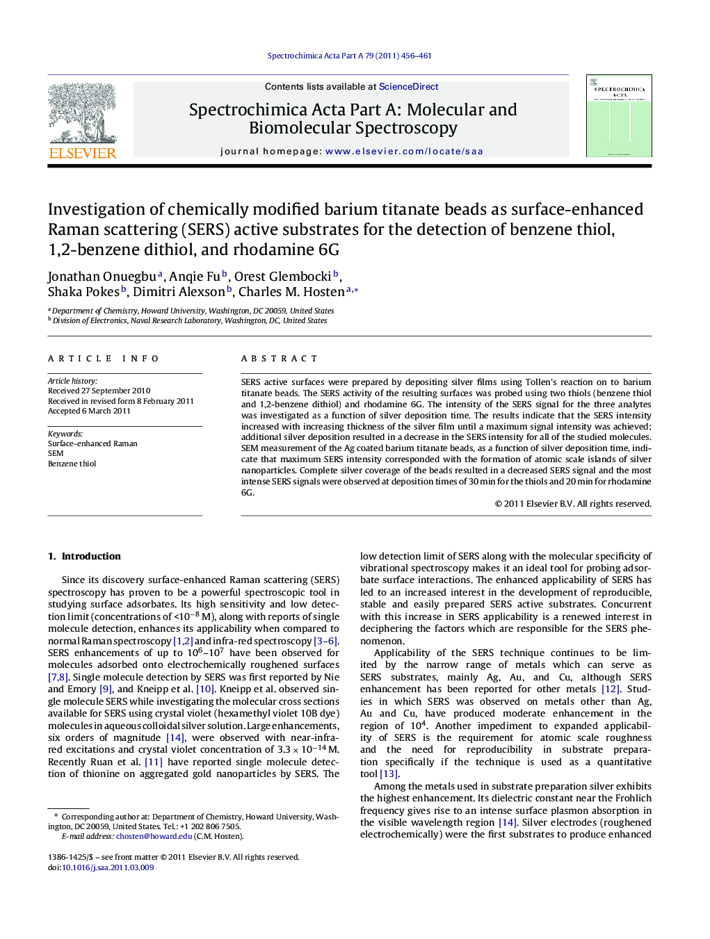 Investigation of chemically modified barium titanate beads as surface-enhanced Raman scattering (SERS) active substrates for the detection of benzene thiol, 1,2-benzene dithiol, and rhodamine 6G