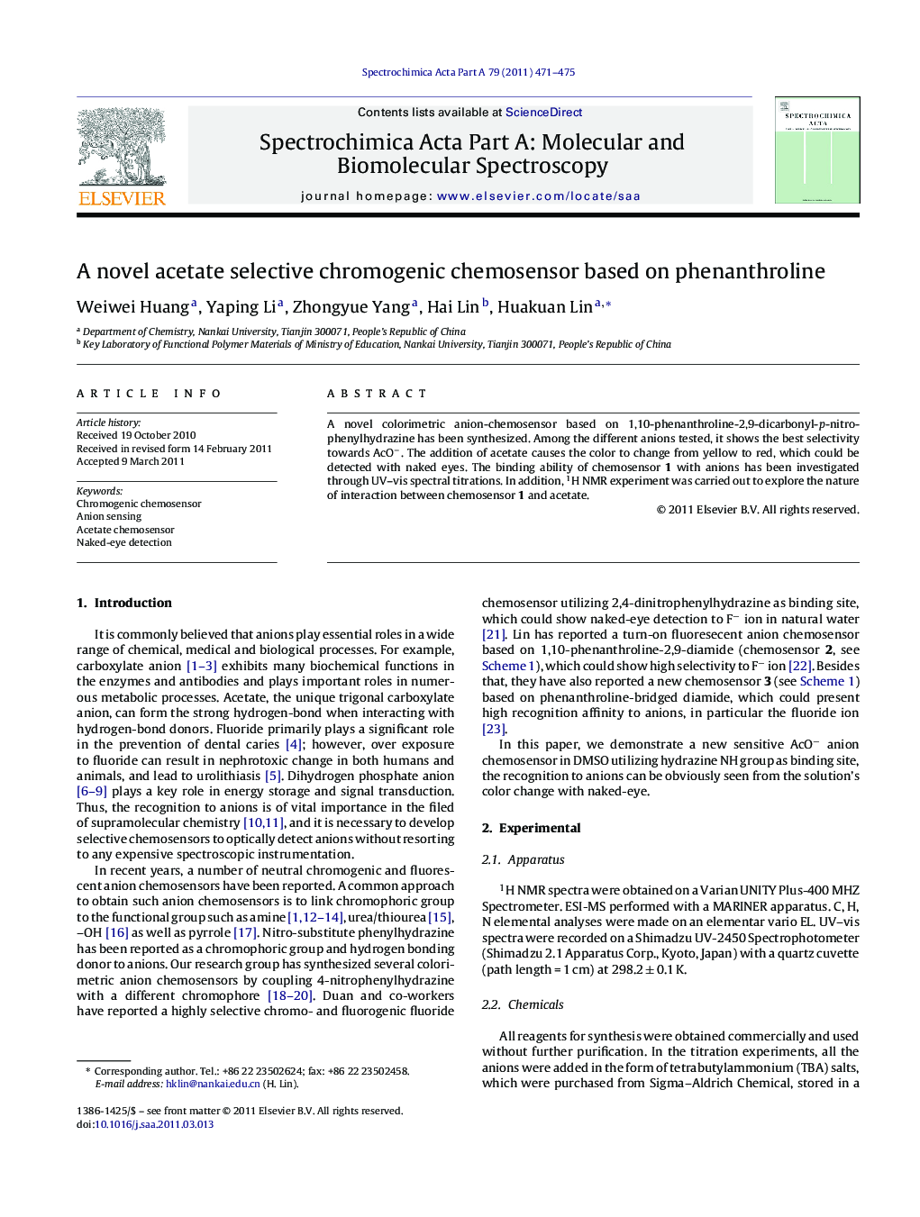 A novel acetate selective chromogenic chemosensor based on phenanthroline